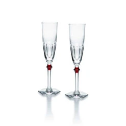 Baccarat Harcourt Eve Champagne Flutes, Red Knob, Pair