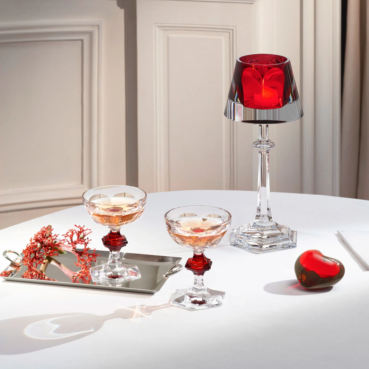 Baccarat Harcourt Champagne, Cocktail Coupe Red Knob Glasses, Pair 4 Baccarat Harcourt Champagne, Cocktail Coupe Red Knob Glasses, Pair - Image 2