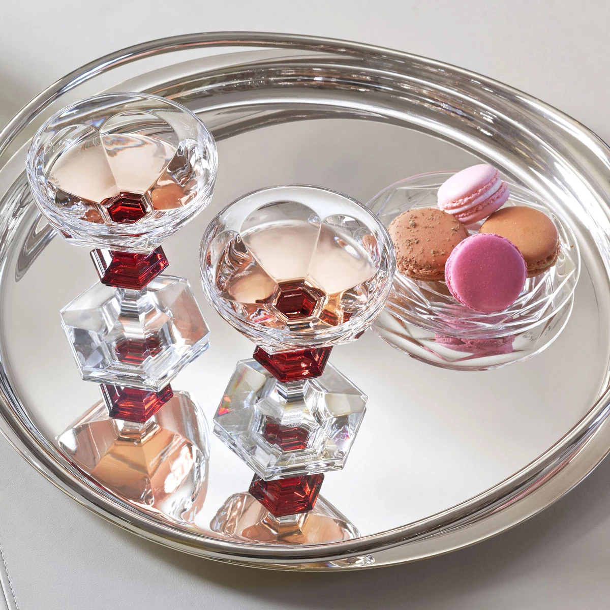 Baccarat Harcourt Champagne, Cocktail Coupe Red Knob Glasses, Pair 6 Baccarat Harcourt Champagne, Cocktail Coupe Red Knob Glasses, Pair - Image 4