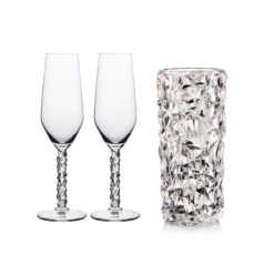 Orrefors Carat Champagne Flutes Pair And 7" Vase Gift Set
