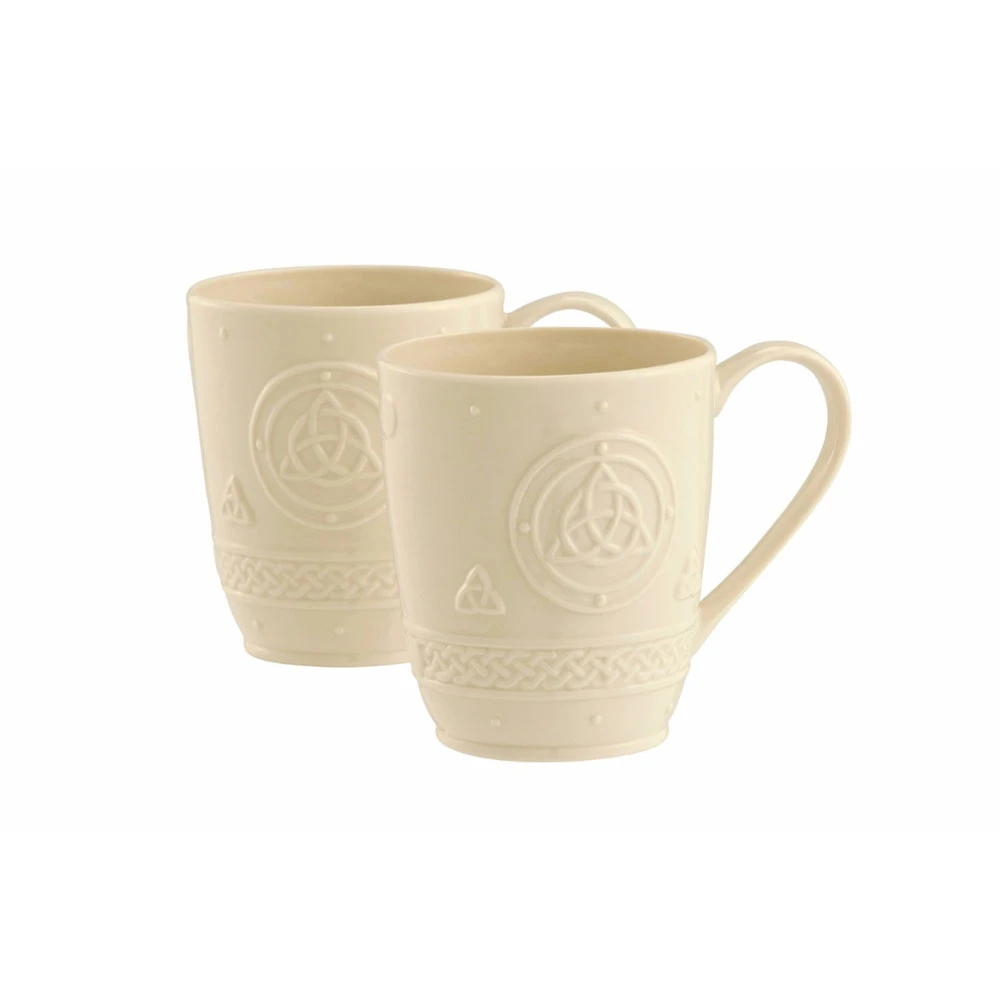 Belleek Celtic Coffee Mugs, Pair 3 Belleek Celtic Coffee Mugs, Pair