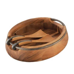 Nambe Anvil Oval Wood 13" Salad Bowl With Servers